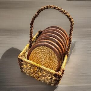 Vintage Woven Coaster Set with Basket | 1970s Boho Bar Cart Accessories, Rustic